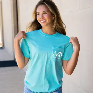 Alpha Phi Script Letters Pocket Tee - Mint