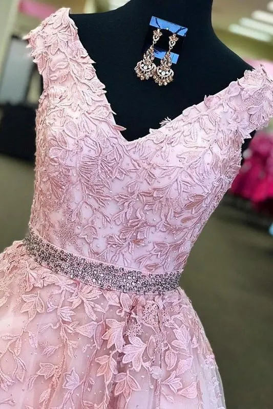 Amazing Pink Off-the-Shoulder Prom Dresses Applique Crystal Sleeveless Evening Dresses with Belt