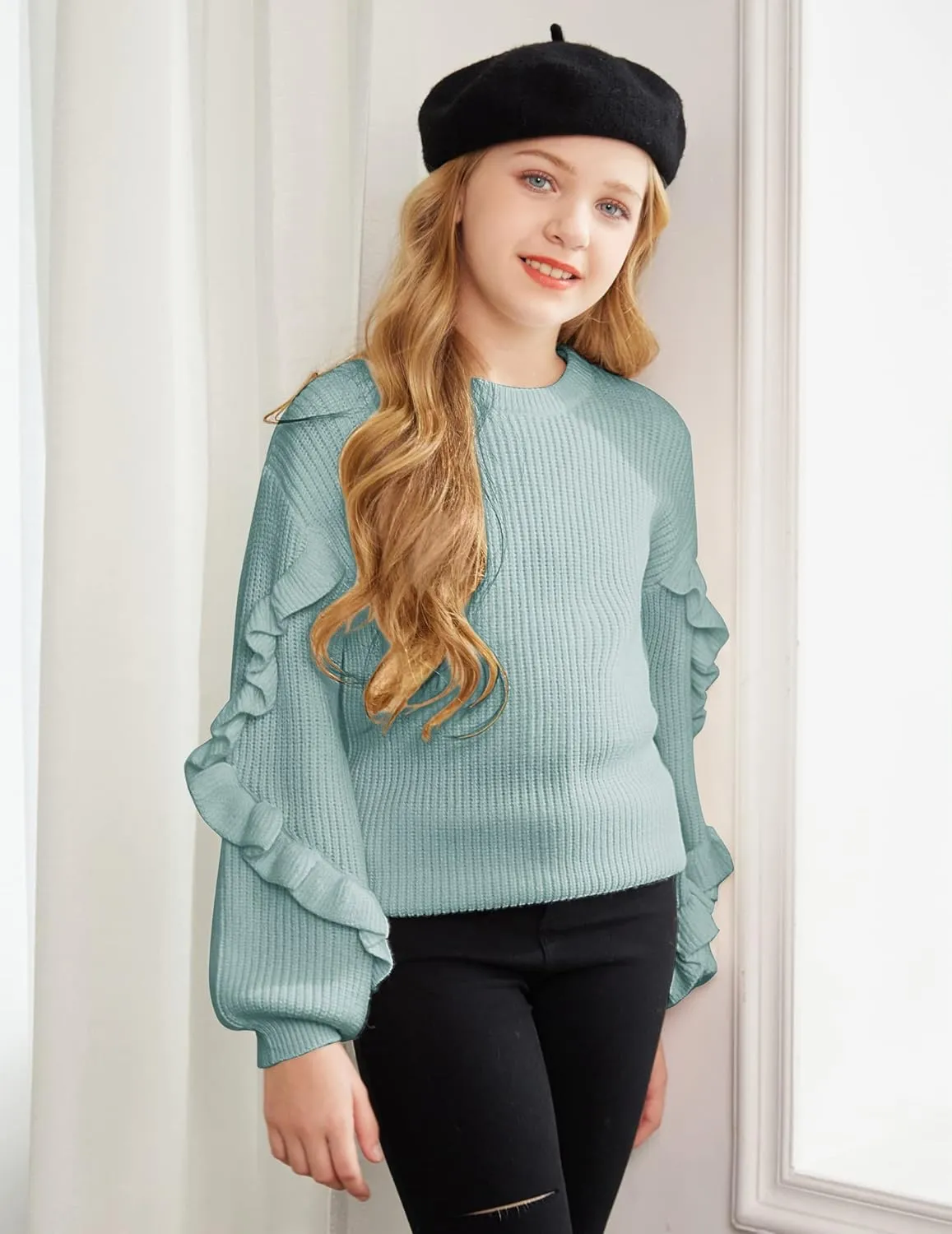 Arshiner Girls Lantern Sleeve Sweaters Crew Neck Knit Top