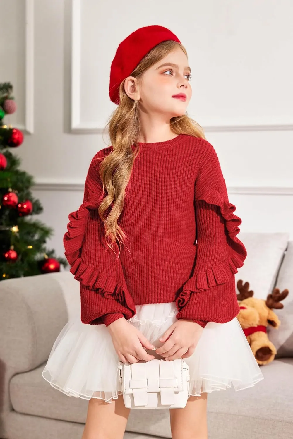 Arshiner Girls Lantern Sleeve Sweaters Crew Neck Knit Top