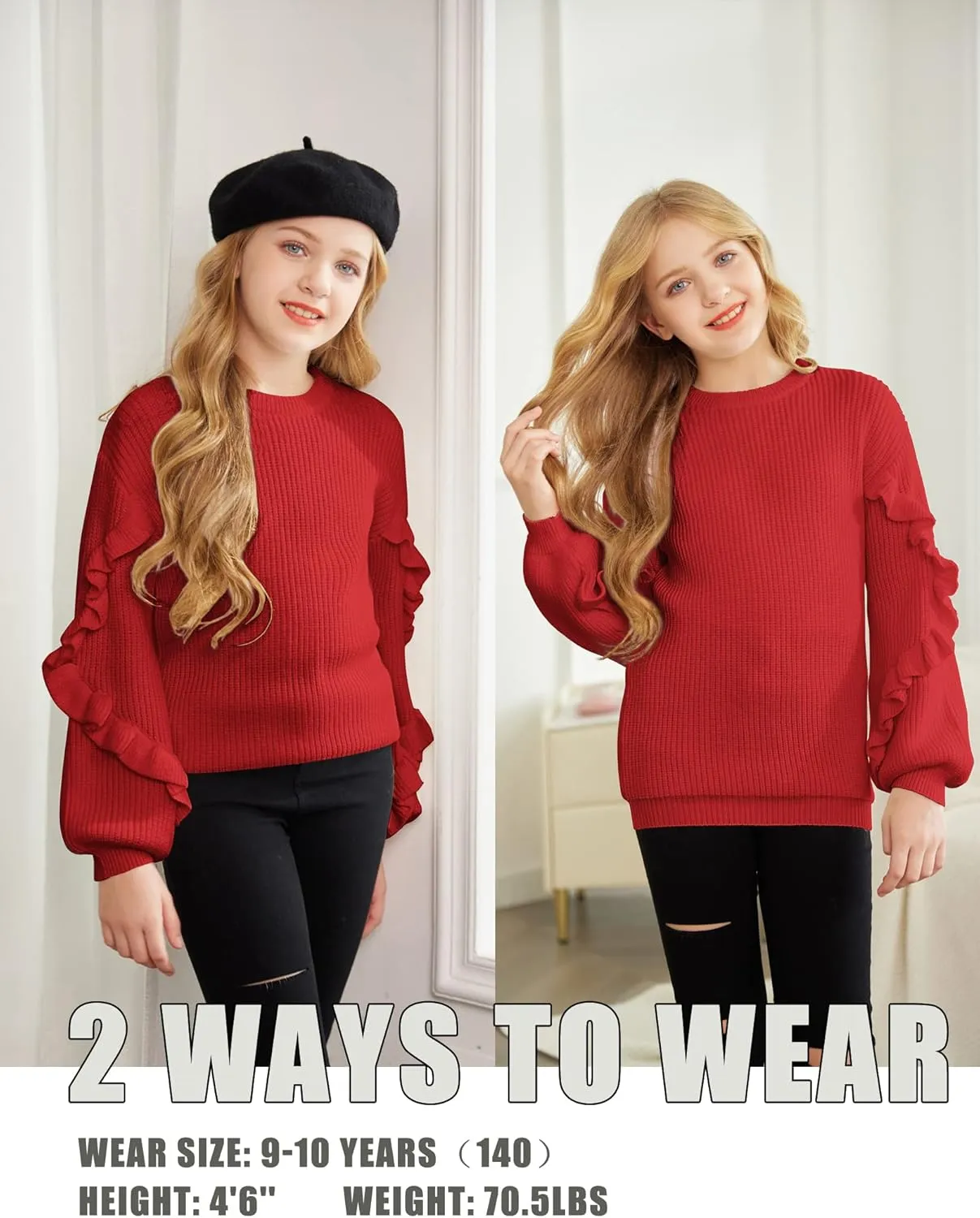 Arshiner Girls Lantern Sleeve Sweaters Crew Neck Knit Top