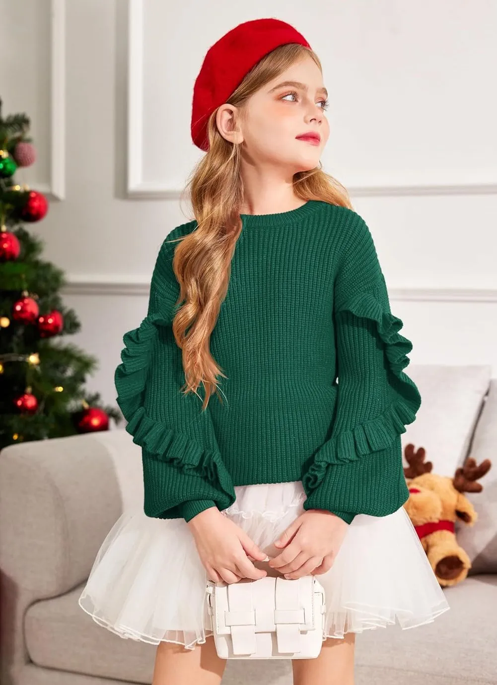 Arshiner Girls Lantern Sleeve Sweaters Crew Neck Knit Top