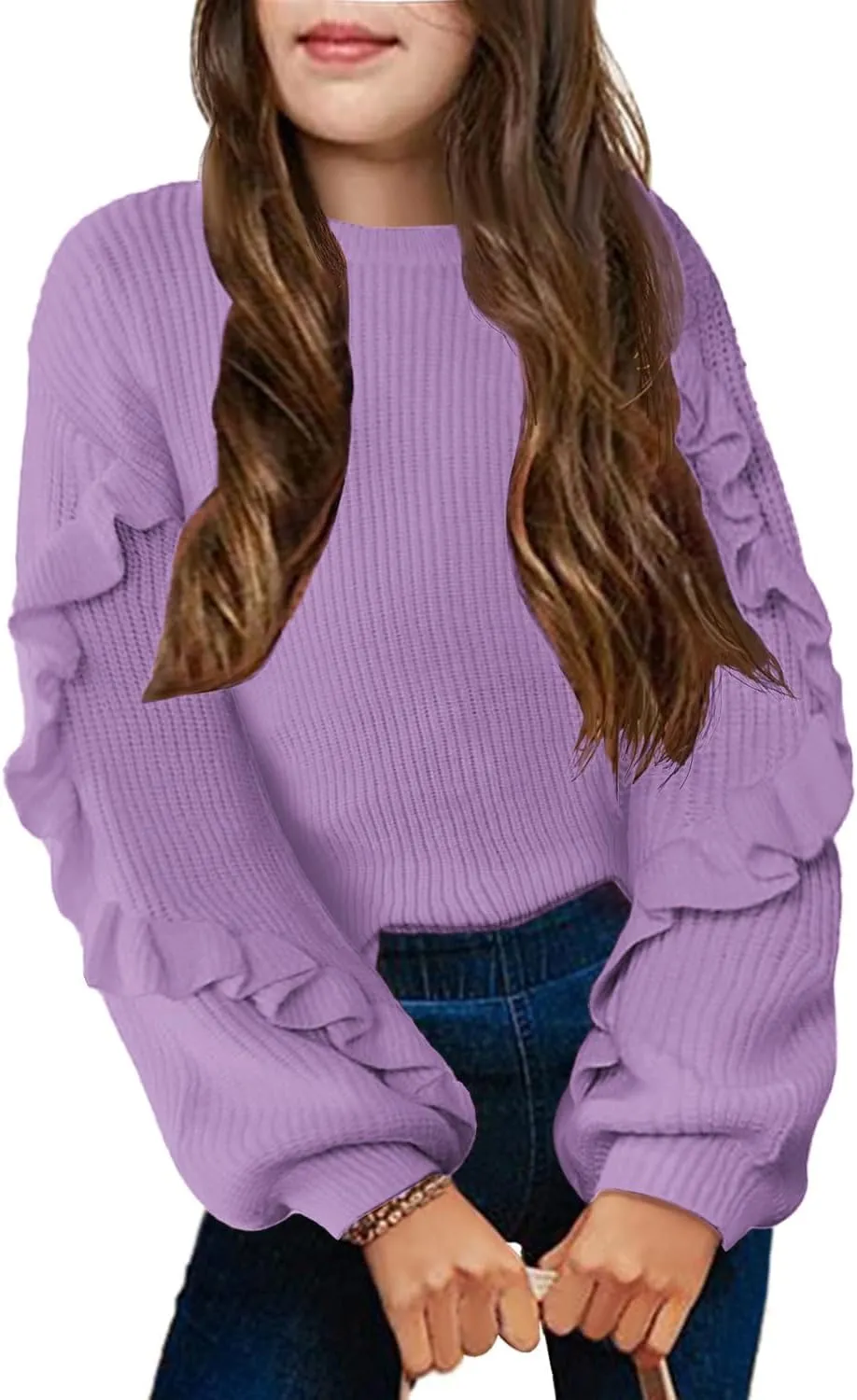 Arshiner Girls Lantern Sleeve Sweaters Crew Neck Knit Top