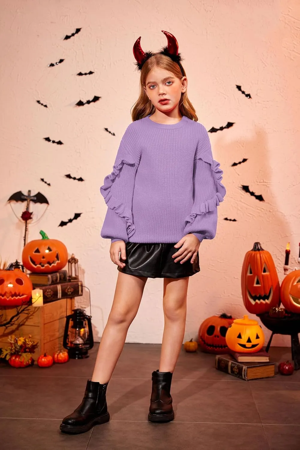 Arshiner Girls Lantern Sleeve Sweaters Crew Neck Knit Top