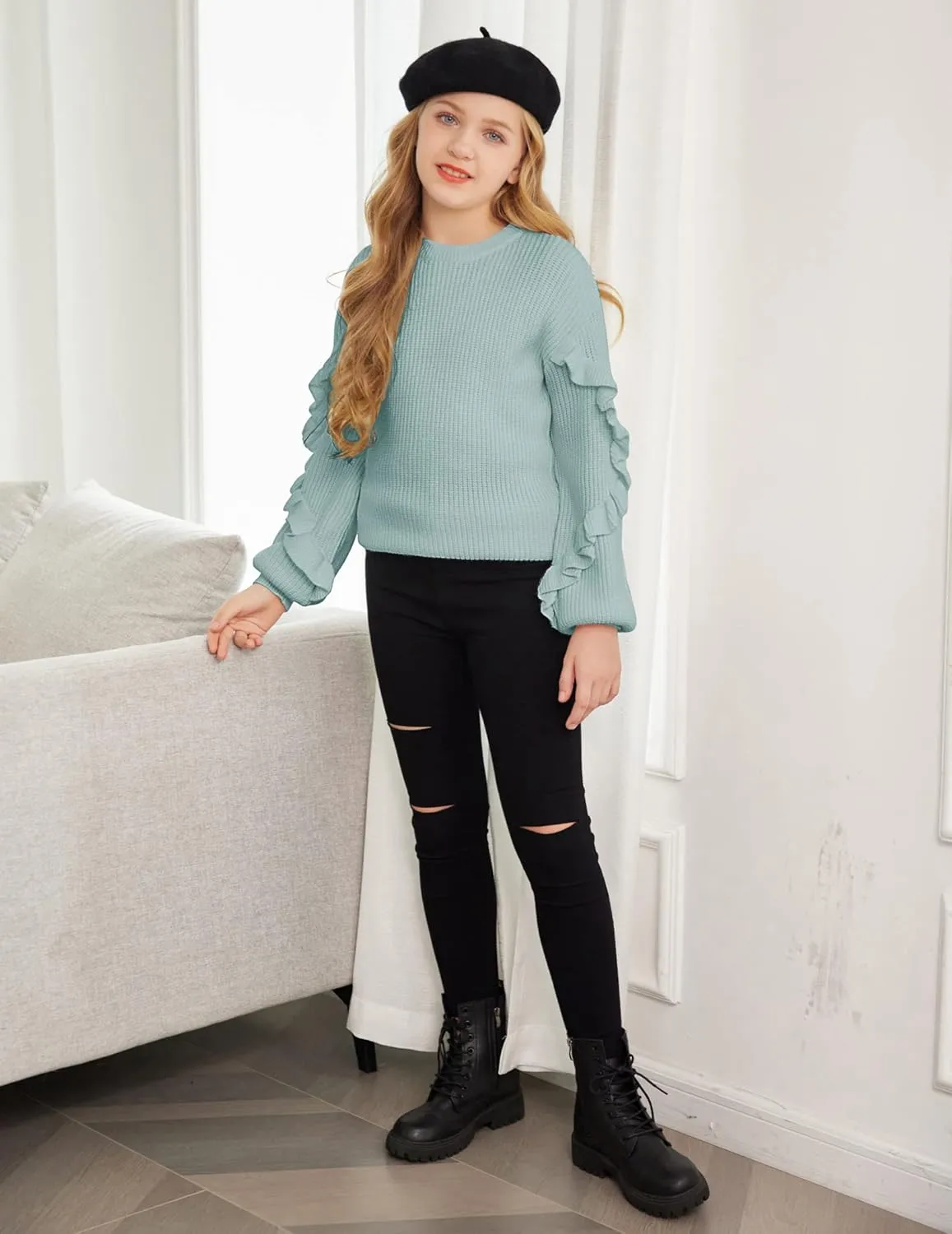 Arshiner Girls Lantern Sleeve Sweaters Crew Neck Knit Top