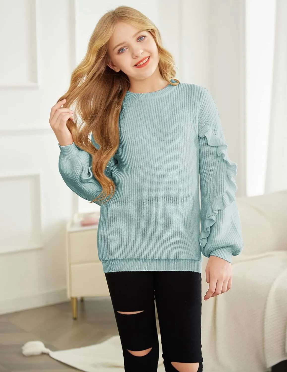 Arshiner Girls Lantern Sleeve Sweaters Crew Neck Knit Top