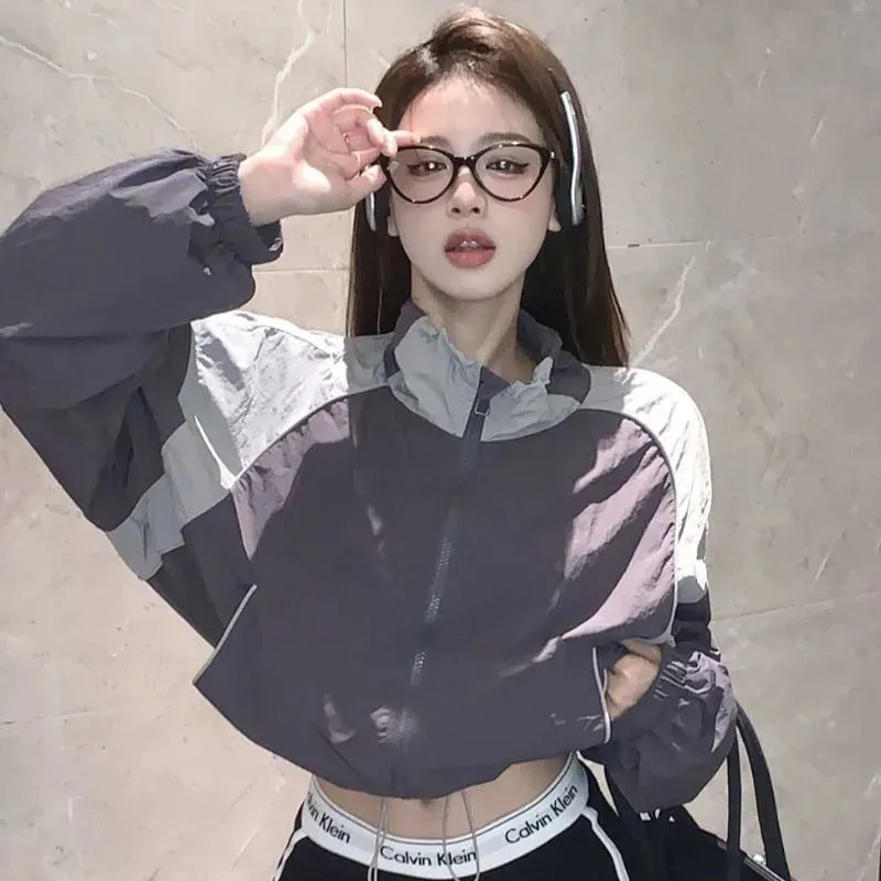 binfenxie Vintage Cropped Windbreakers Jacket Women Korean Fashion Summer Preppy Style Jackets Harajuku Coats Japanese 2000s Tops