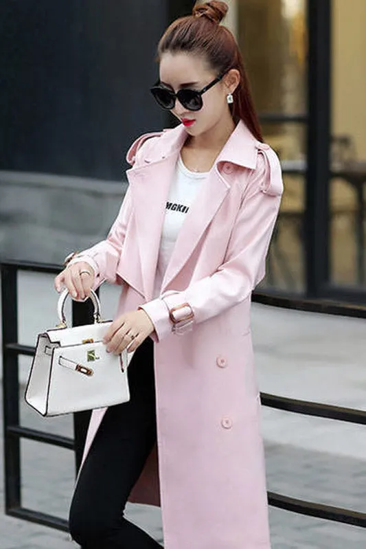 Candy Color Long Sleeves Lapel Belt Slim Long Belt Coat