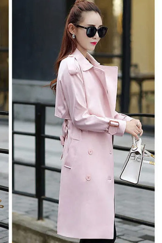 Candy Color Long Sleeves Lapel Belt Slim Long Belt Coat