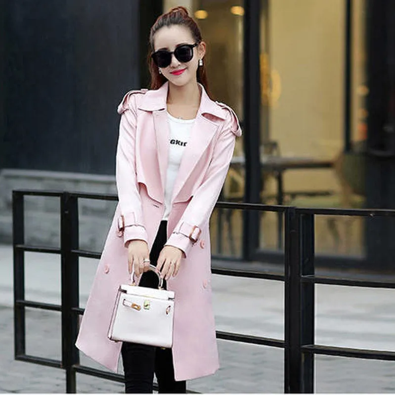 Candy Color Long Sleeves Lapel Belt Slim Long Belt Coat