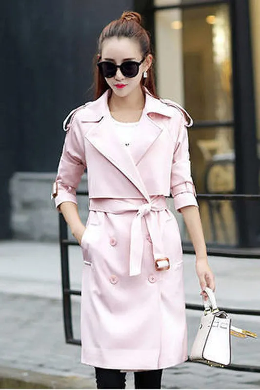 Candy Color Long Sleeves Lapel Belt Slim Long Belt Coat