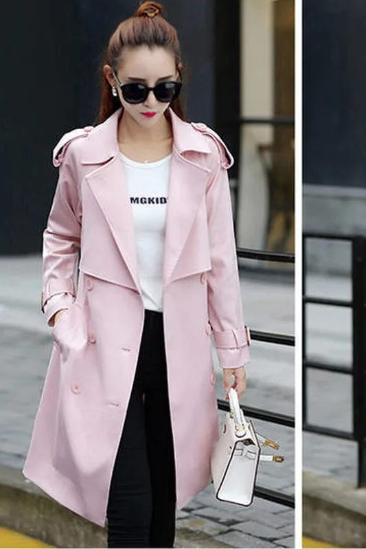 Candy Color Long Sleeves Lapel Belt Slim Long Belt Coat