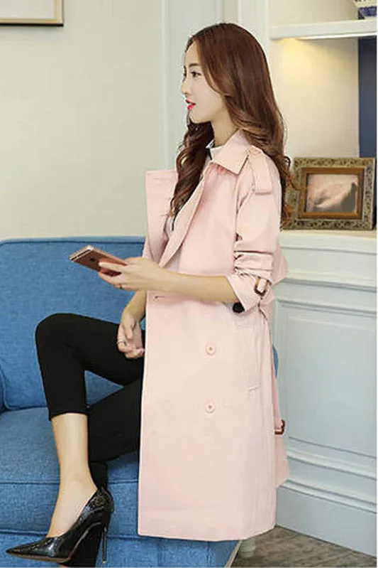 Candy Color Long Sleeves Lapel Belt Slim Long Belt Coat