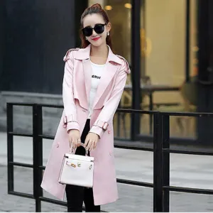 Candy Color Long Sleeves Lapel Belt Slim Long Belt Coat