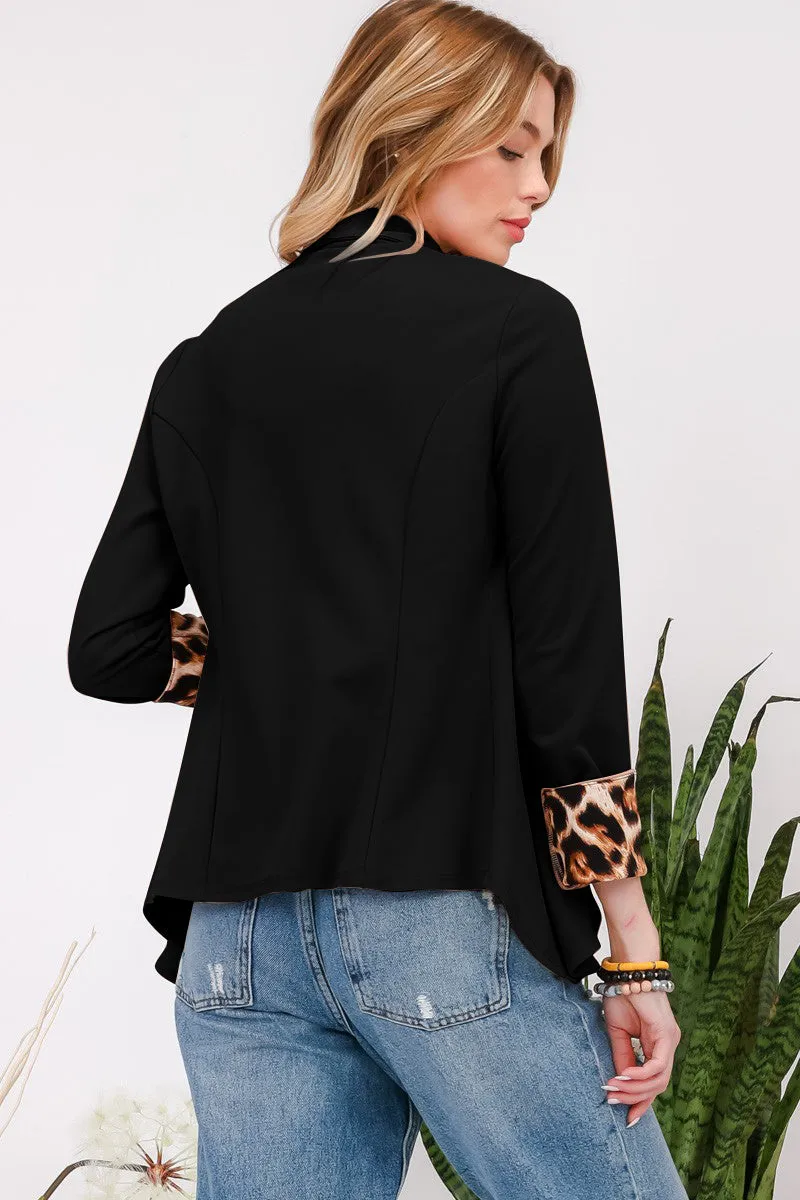 Celeste Black Rolled Leopard Cuff Open Front Blazer