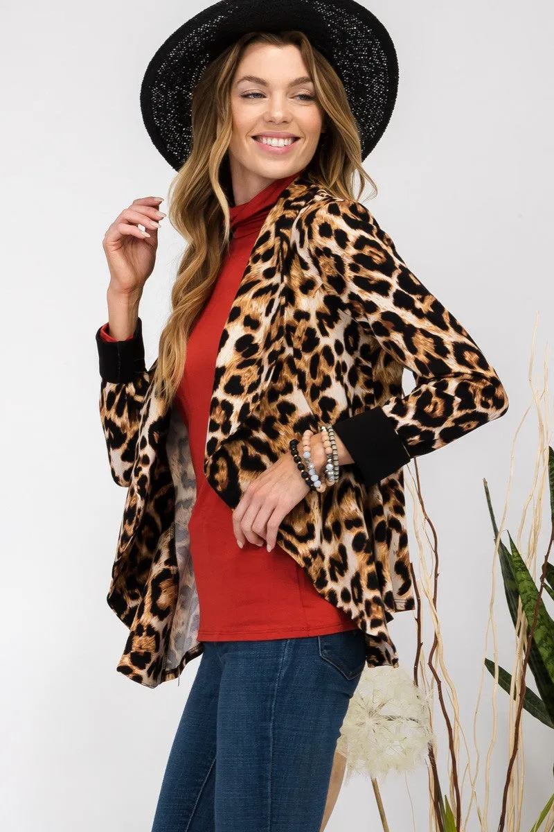 Celeste Leopard Open Front Long Sleeve Blazer