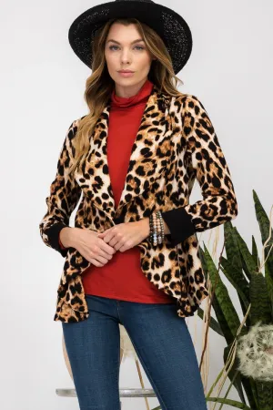 Celeste Leopard Open Front Long Sleeve Blazer