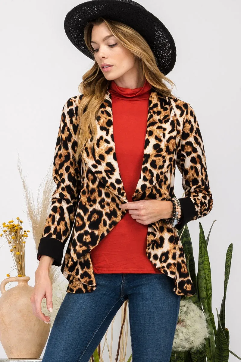 Celeste Leopard Open Front Long Sleeve Blazer