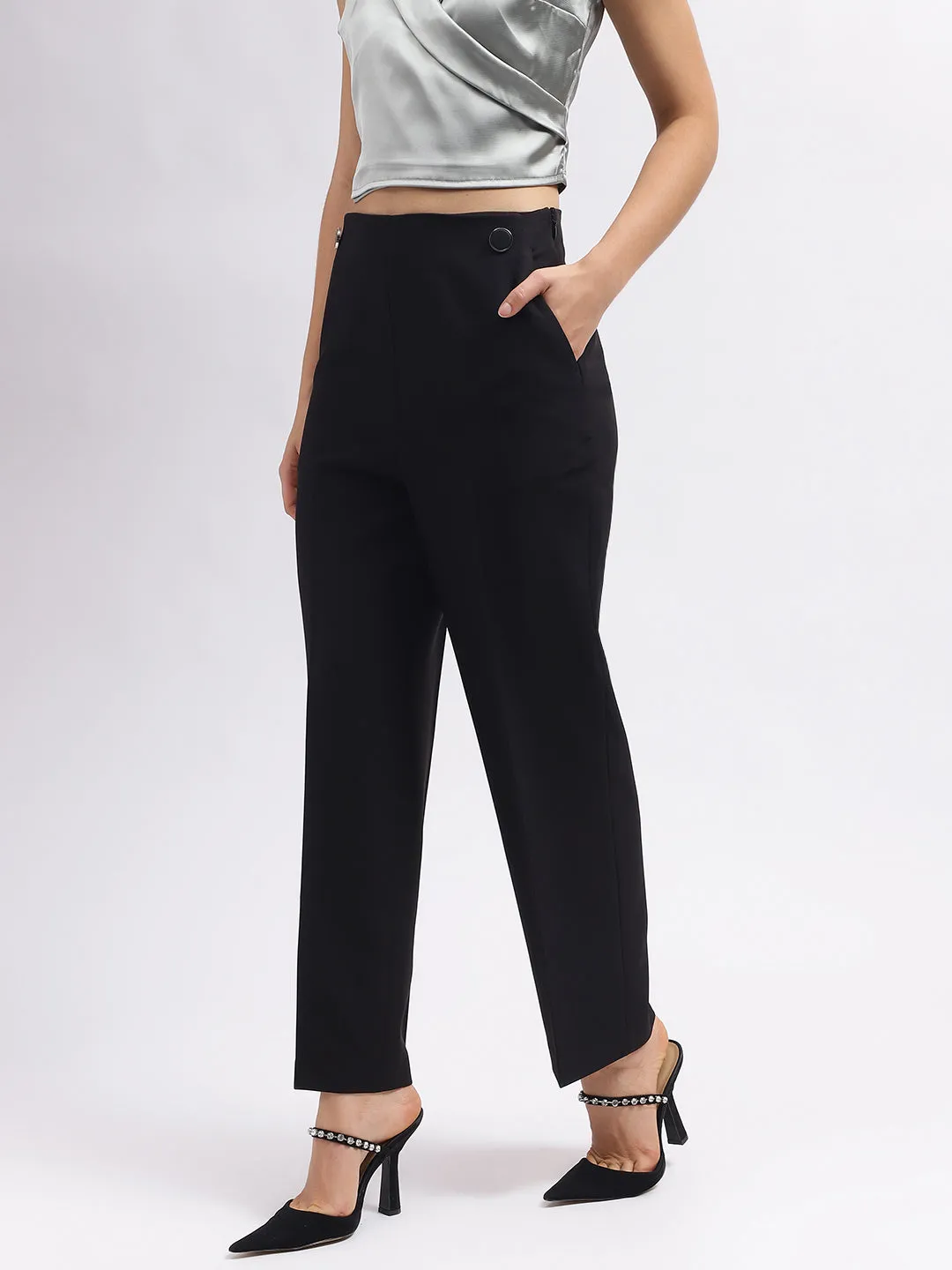 Centre Stage Women Black Solid Flared Mid-Rise Trouser