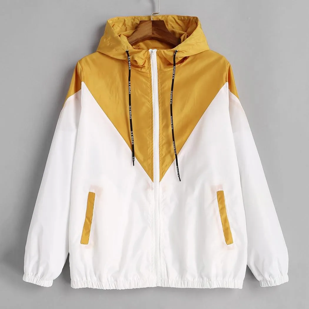 Color Casual Hoodie Sleeve Autumn Contrast Women Long Patchwork Hooded Jacket Zippers Pockets Spring Outwear Loose