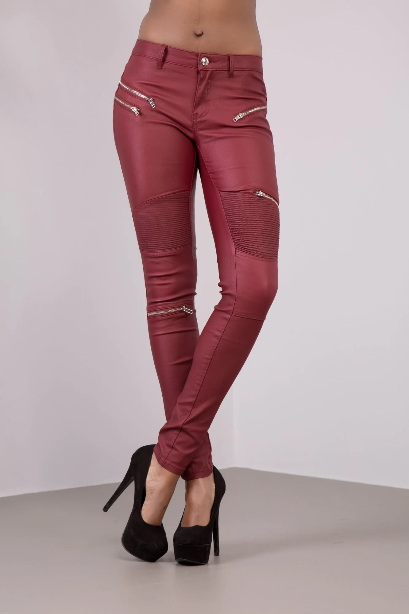 CrimsonLuxe Faux Leather Skinny Jeans with Zips – Burgundy