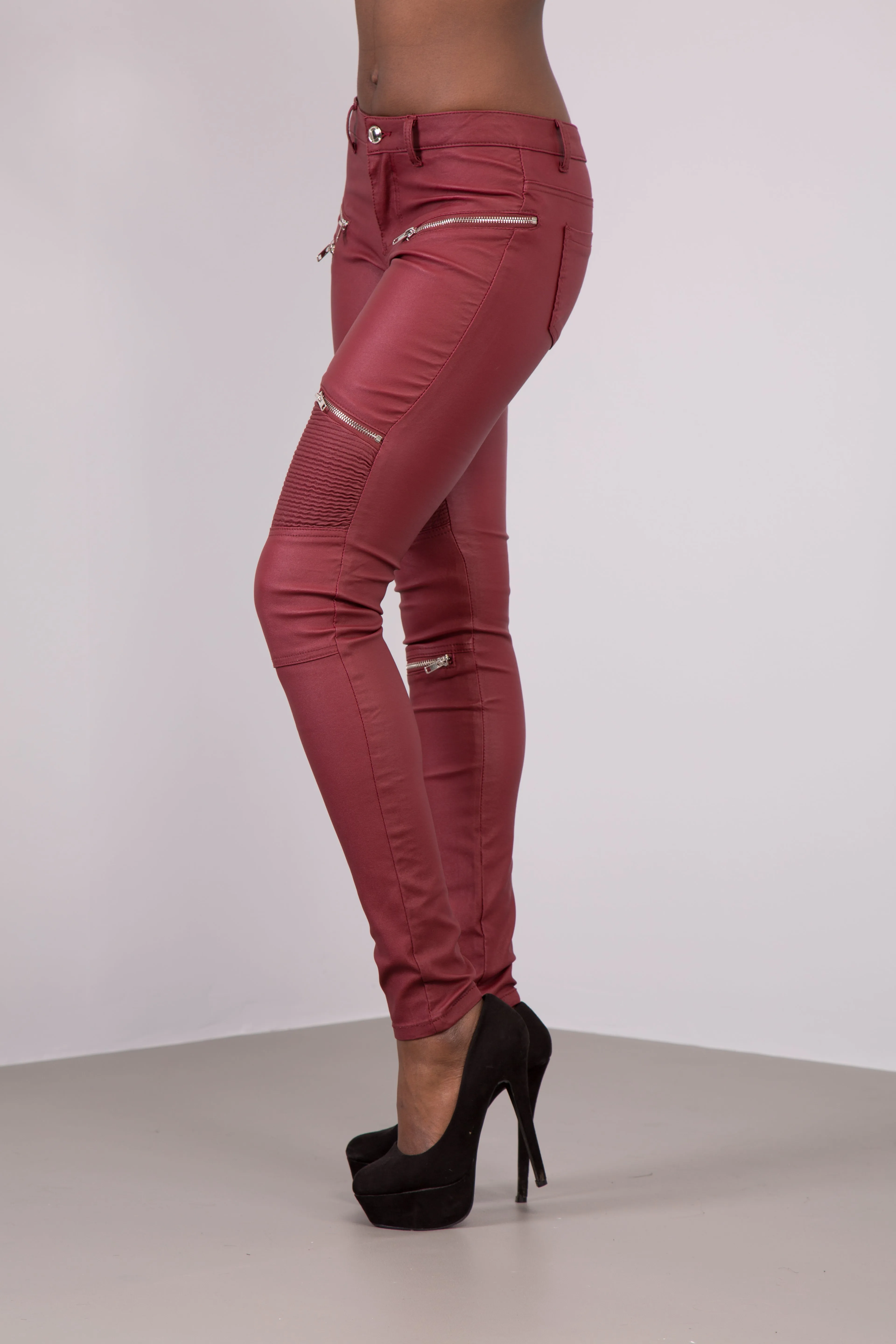 CrimsonLuxe Faux Leather Skinny Jeans with Zips – Burgundy