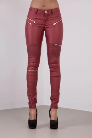 CrimsonLuxe Faux Leather Skinny Jeans with Zips – Burgundy