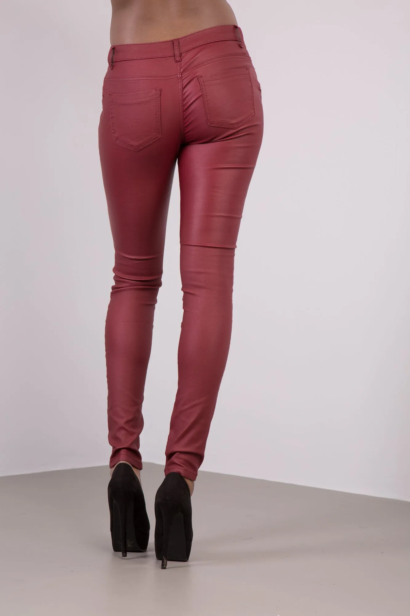 CrimsonLuxe Faux Leather Skinny Jeans with Zips – Burgundy