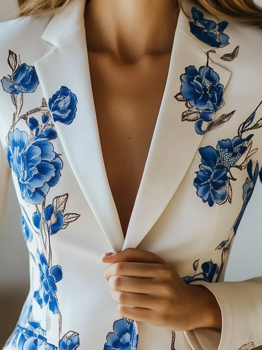 Elegant White Satin Blazer with Blue Floral Printed