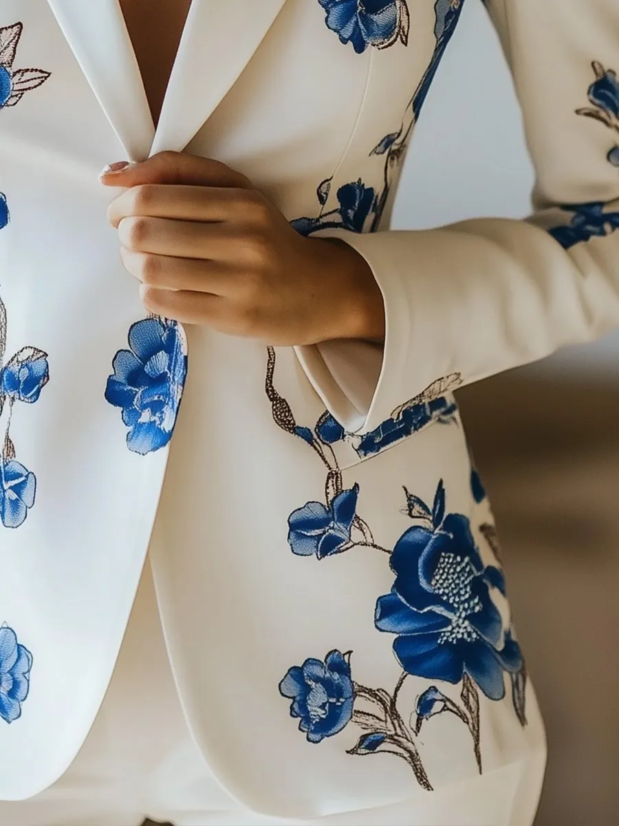 Elegant White Satin Blazer with Blue Floral Printed