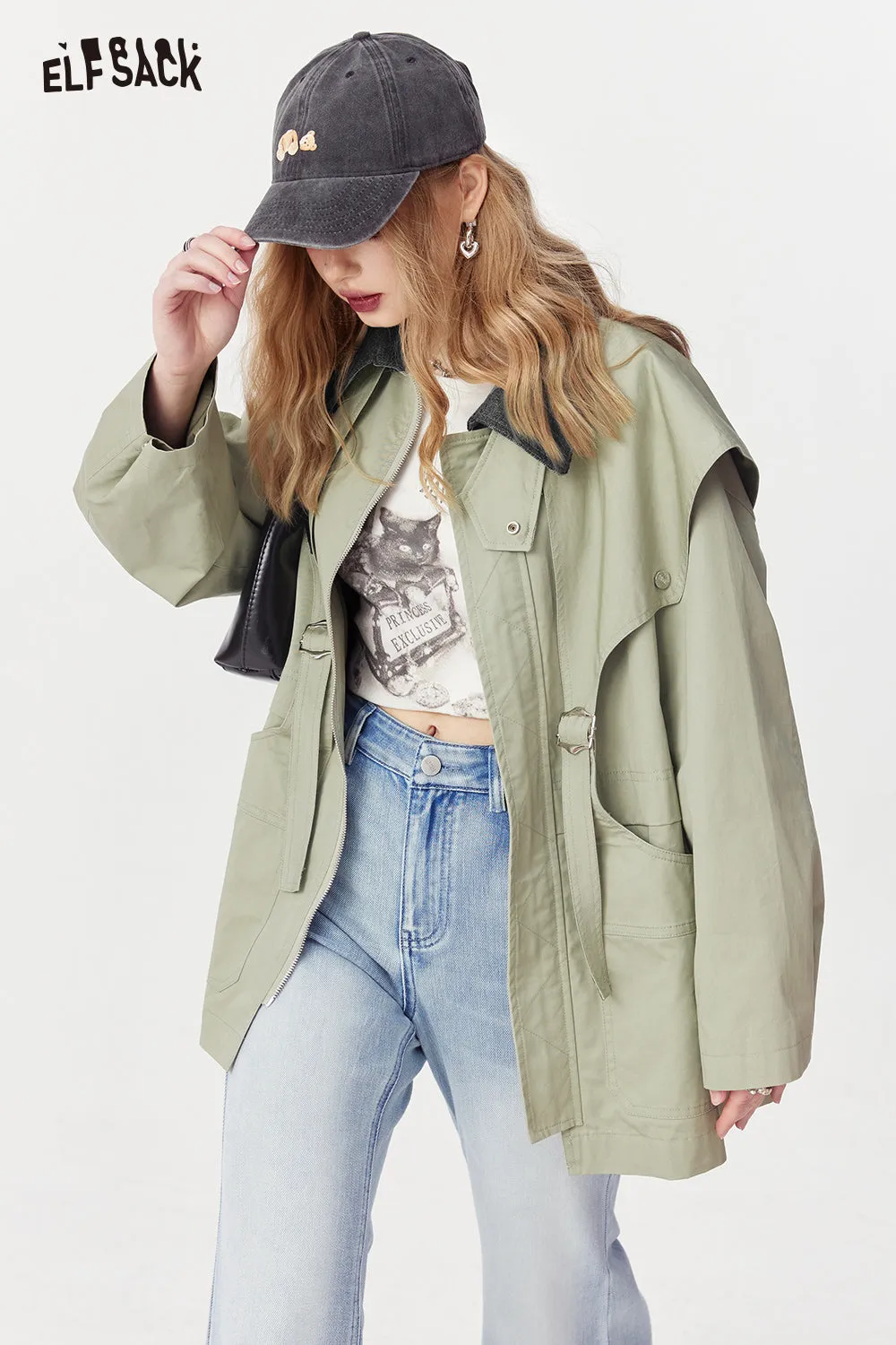 ELFSACK simple academic style casual coat workwear style for women 2024 spring new office style zipper cotton windbreak solid color mid long length coat