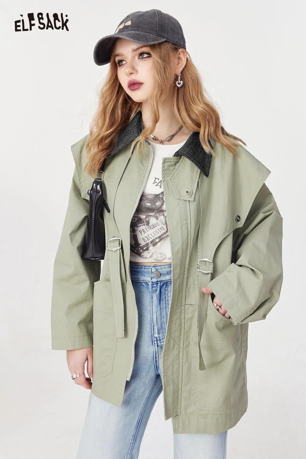 ELFSACK simple academic style casual coat workwear style for women 2024 spring new office style zipper cotton windbreak solid color mid long length coat