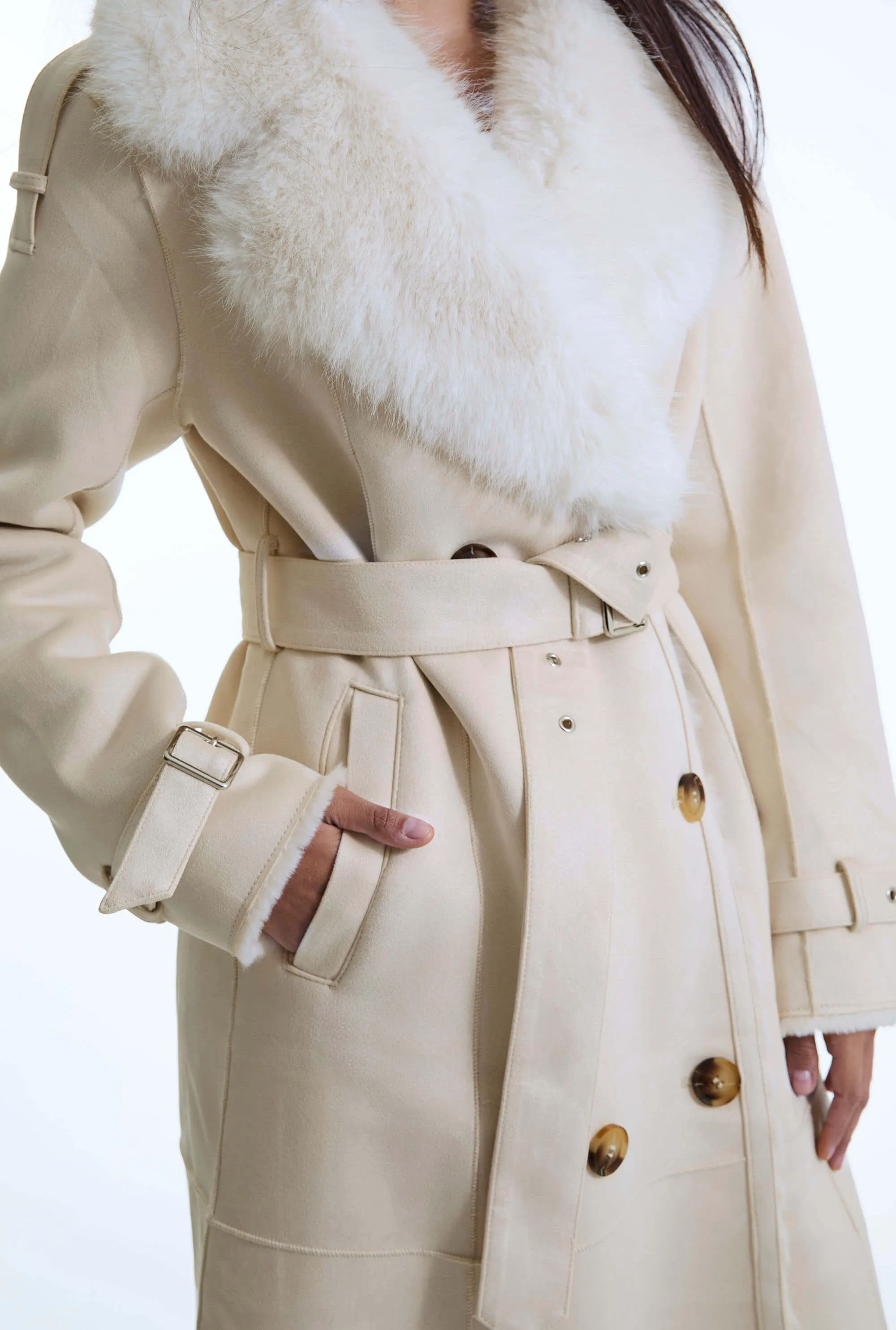 Faux Fur Suede Beige Coat