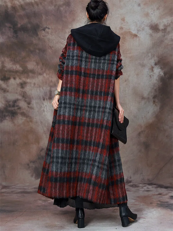 Female Plaid Patchwork Hooded Fake Two Piece Wool Blend Coat