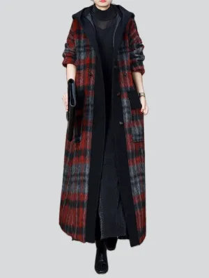 Female Plaid Patchwork Hooded Fake Two Piece Wool Blend Coat