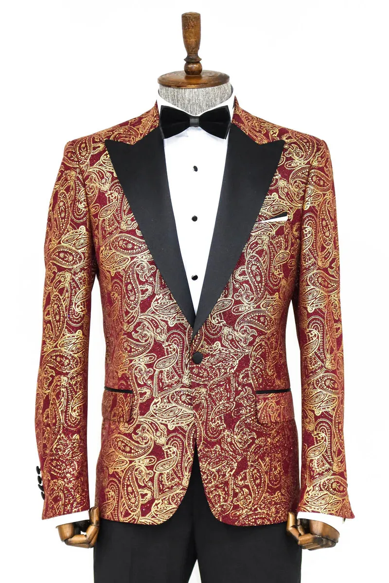 Golden Paisley Burgundy Prom Blazer with Peak Lapel