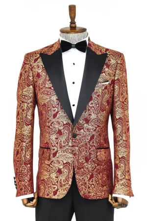 Golden Paisley Burgundy Prom Blazer with Peak Lapel