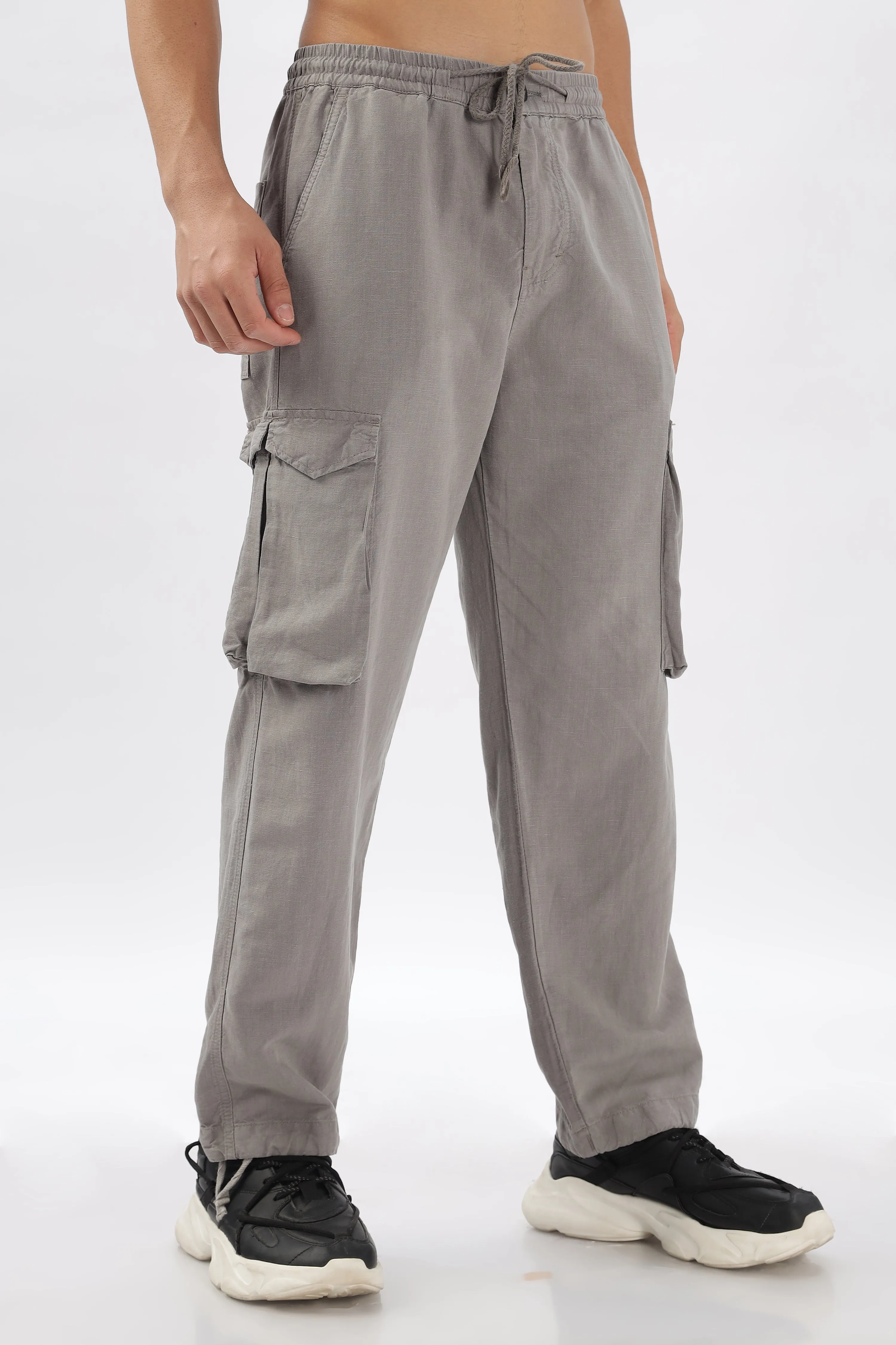 GREY LINEN CARGO PANTS