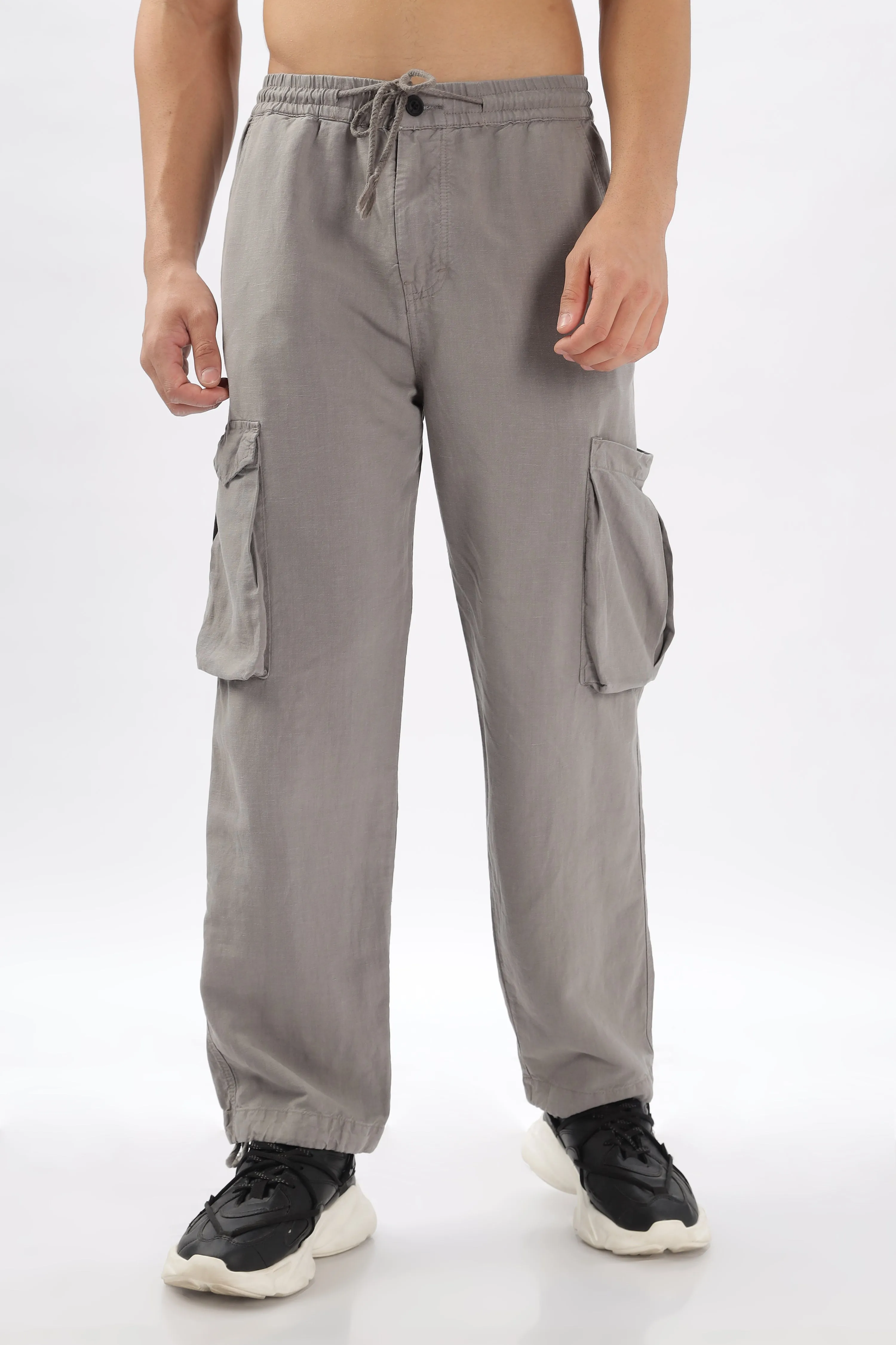 GREY LINEN CARGO PANTS