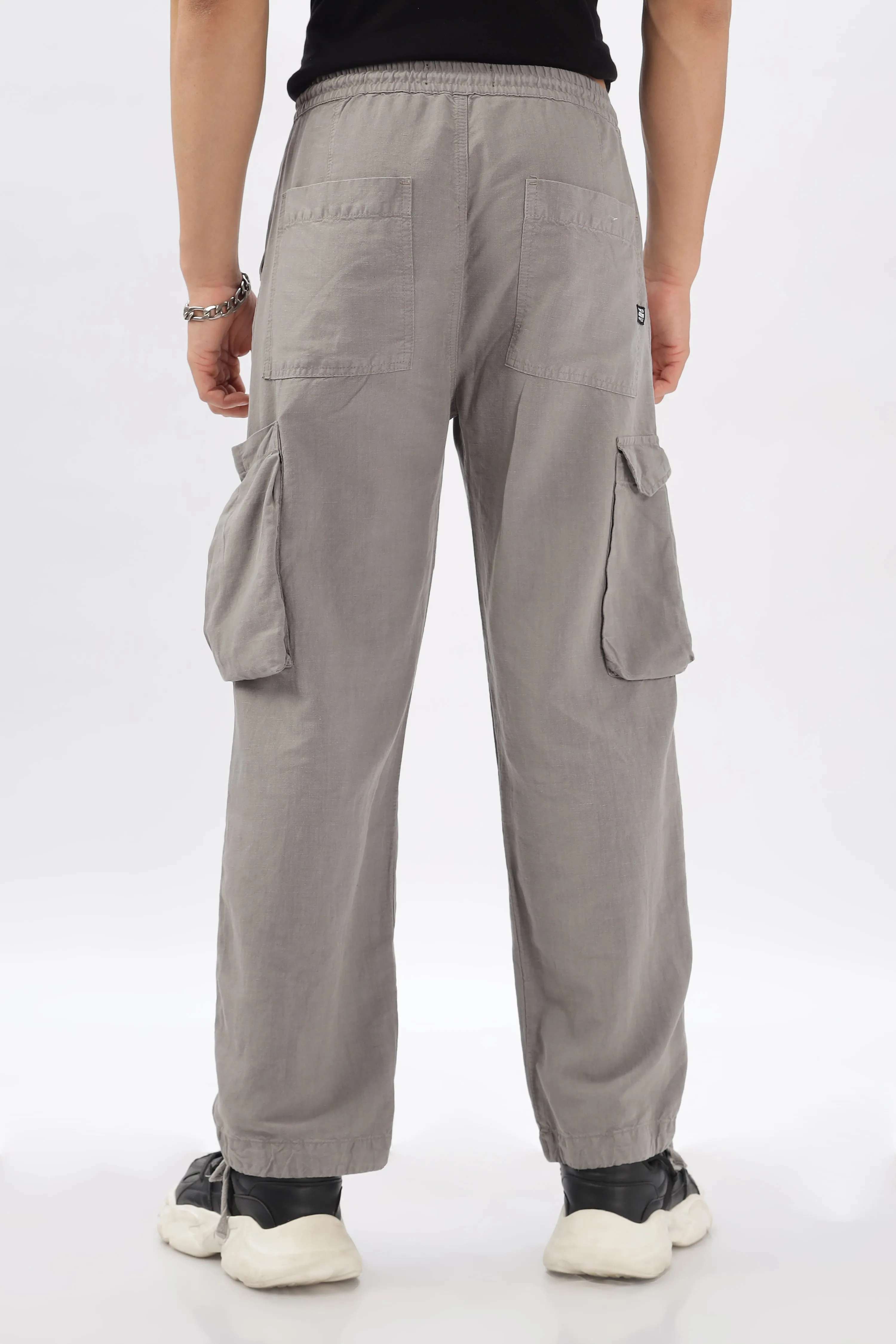 GREY LINEN CARGO PANTS