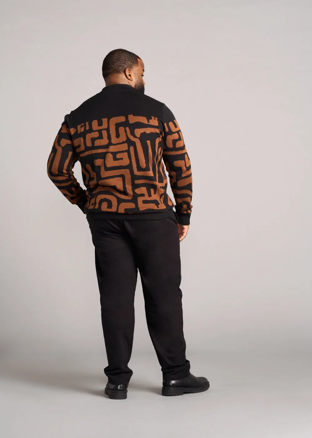 Hamadi Men's African Print Quarter Zip Sweater (Espresso Geometric)