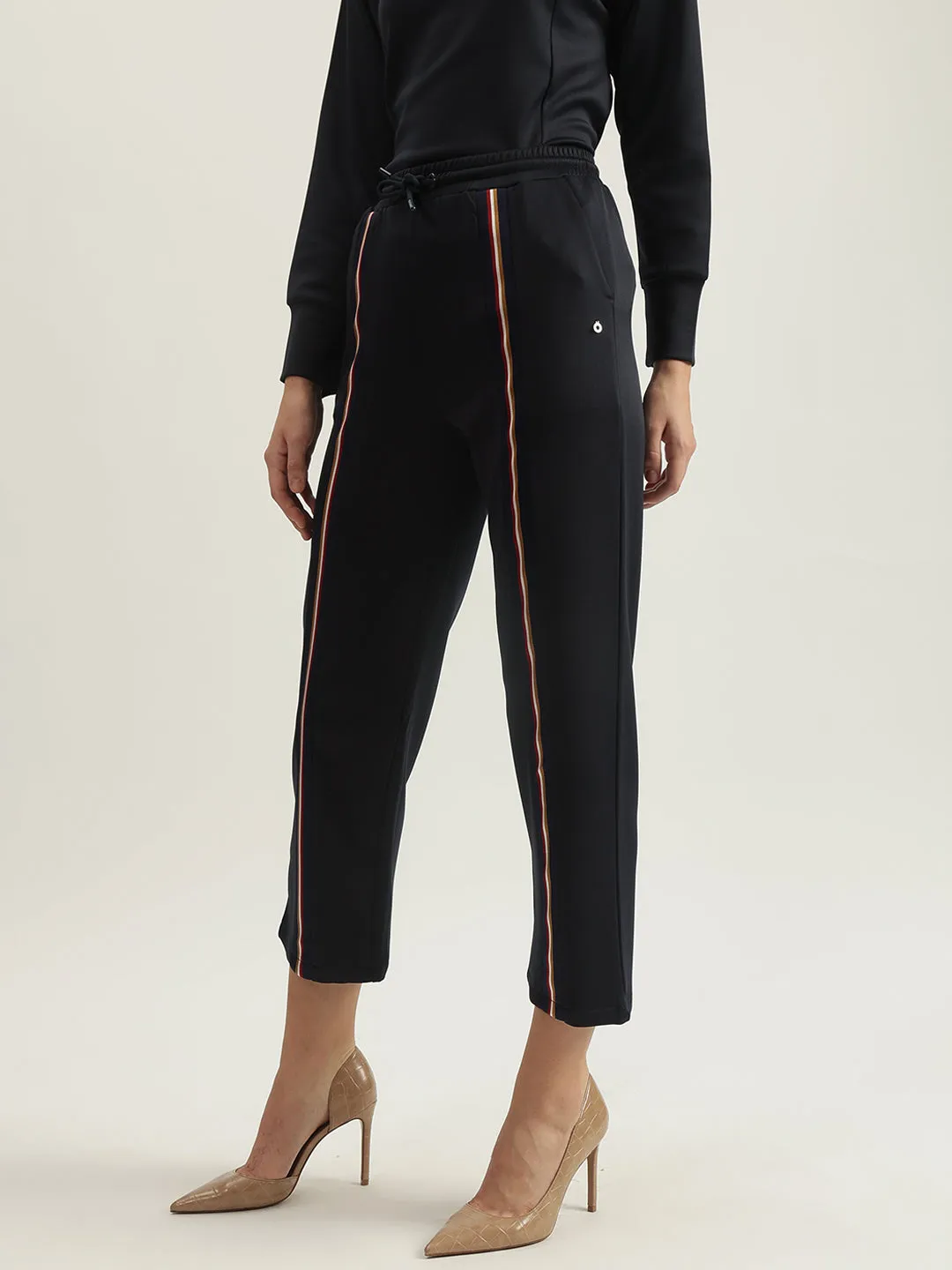 Iconic Women Navy Solid Straight Fit High-Rise Flat Front Trouser