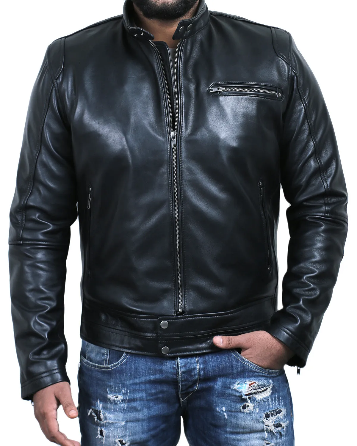 Leather Jackets Hub Mens Genuine Lambskin Leather Jacket (Black, Racer Jacket) - 1501165