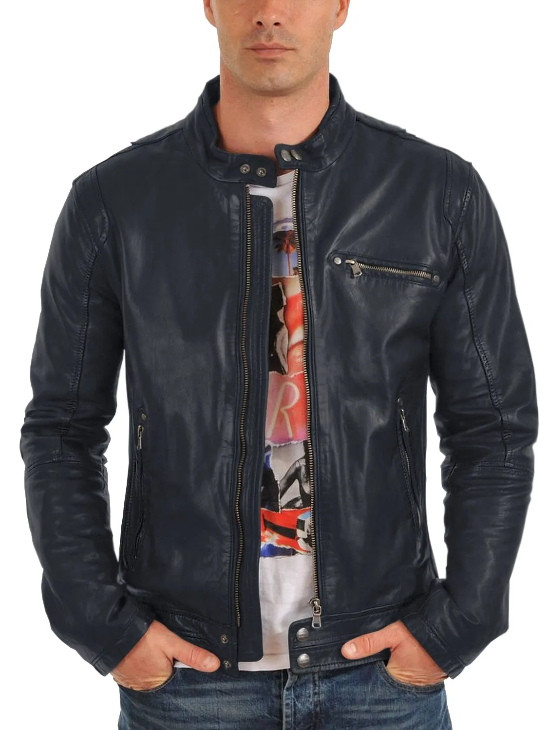 Leather Jackets Hub Mens Genuine Lambskin Leather Jacket (Black, Racer Jacket) - 1501165