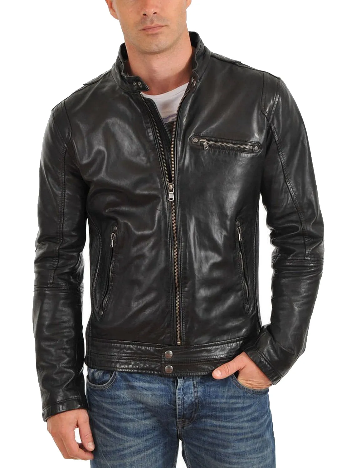 Leather Jackets Hub Mens Genuine Lambskin Leather Jacket (Black, Racer Jacket) - 1501165