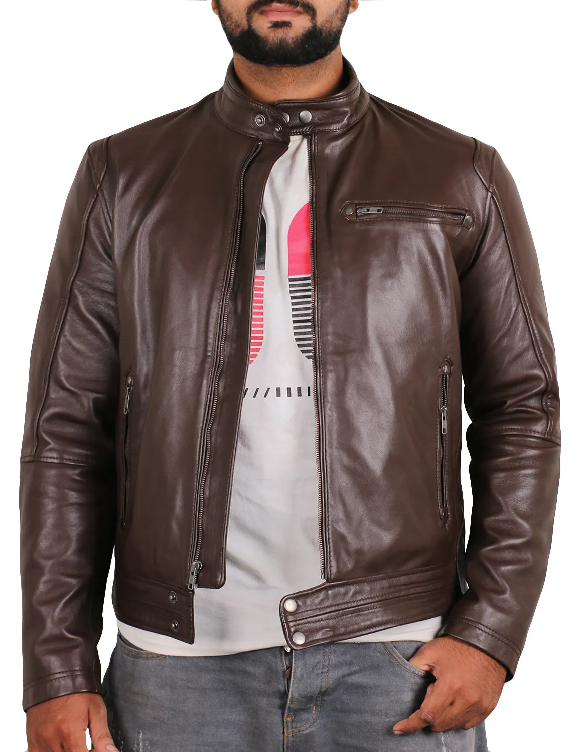 Leather Jackets Hub Mens Genuine Lambskin Leather Jacket (Black, Racer Jacket) - 1501165