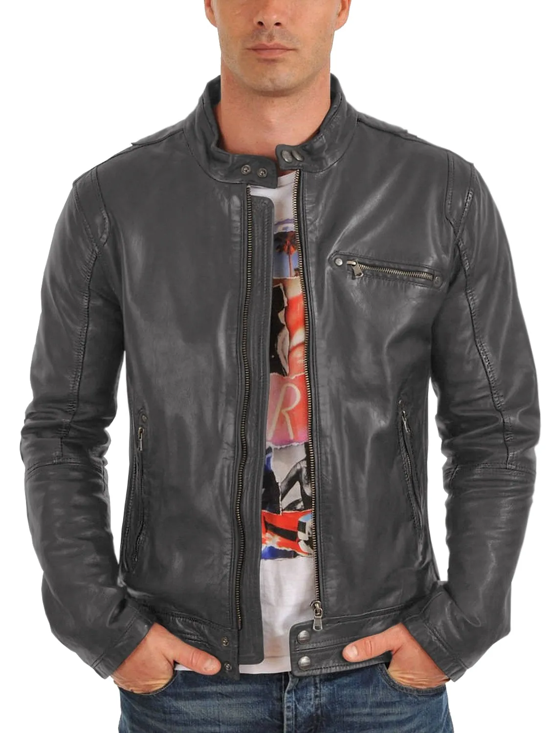 Leather Jackets Hub Mens Genuine Lambskin Leather Jacket (Black, Racer Jacket) - 1501165