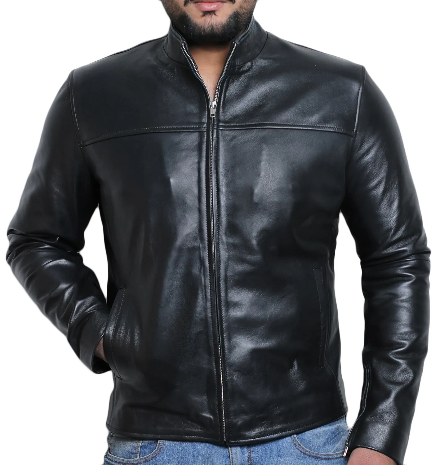 Leather Jackets Hub Mens Genuine Lambskin Leather Jacket (Black, Racer Jacket) - 1501169