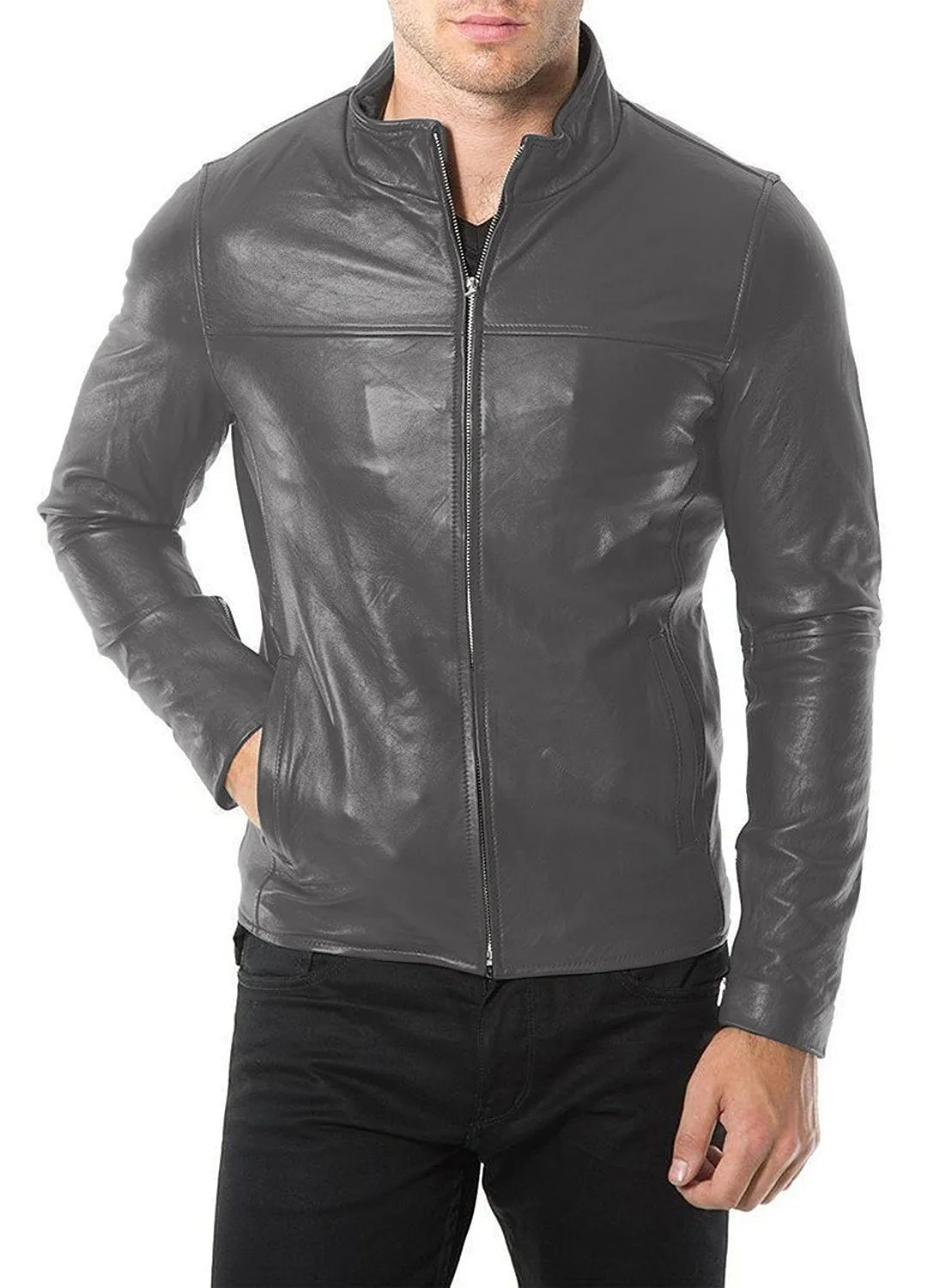 Leather Jackets Hub Mens Genuine Lambskin Leather Jacket (Black, Racer Jacket) - 1501169