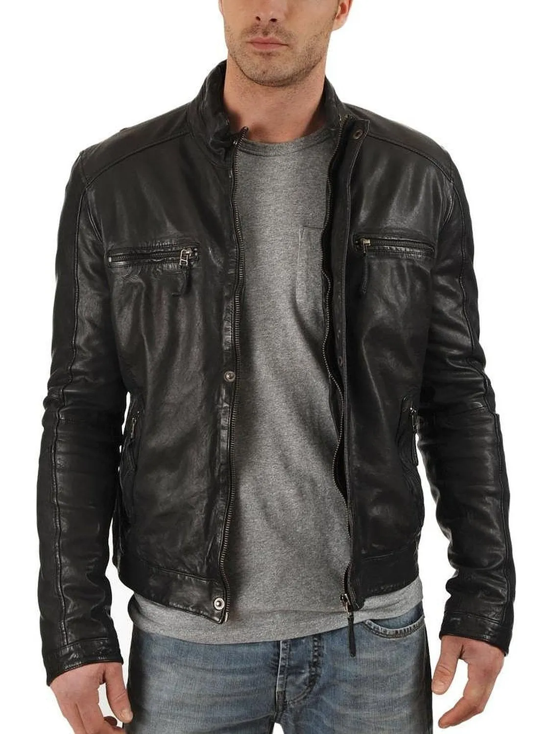 Leather Jackets Hub Mens Genuine Lambskin Leather Jacket (Black, Racer Jacket) - 1501179